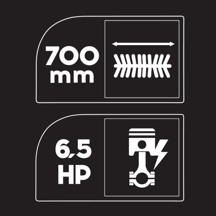 Element technique balayeuse Hansmann BL700 : largeur 700mm et moteur thermique 6,5 HP